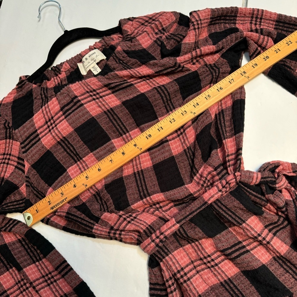 Anthropologie Cloth&Stone Plaid Daia Belted Tier Mini Dress Raglan Long Sleeves - Picture 15 of 16